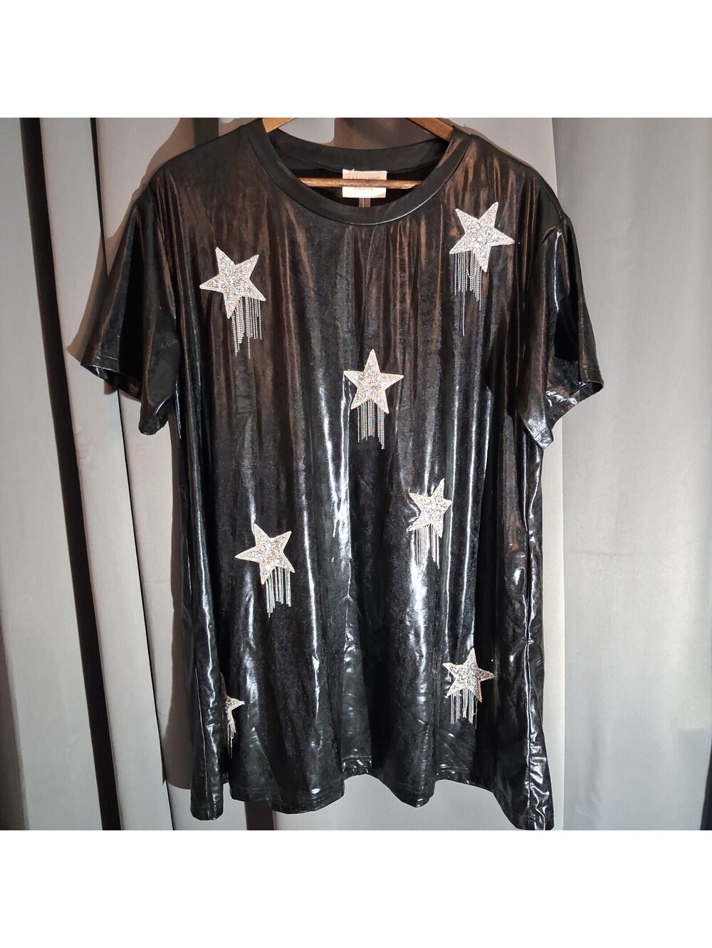 Fantastic Fawn Black Shiny Star Embellished Short Sleeve Dress Small